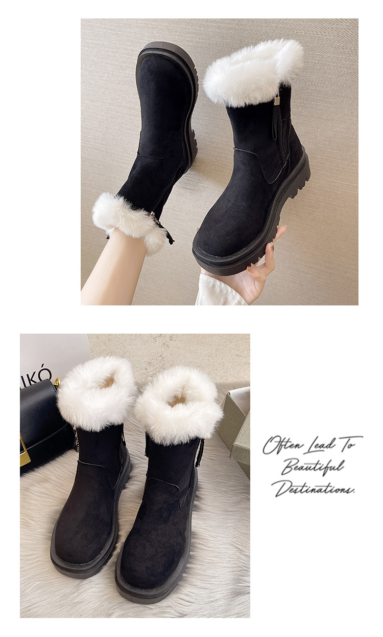 Snow Boots Women's Fur Mouth Mid-Calf 2021 Autumn and Winter New Women's Shoes Korean Style Thick Bottom Fleece-Lined Side Zipper Martin Boots Women's Shoes