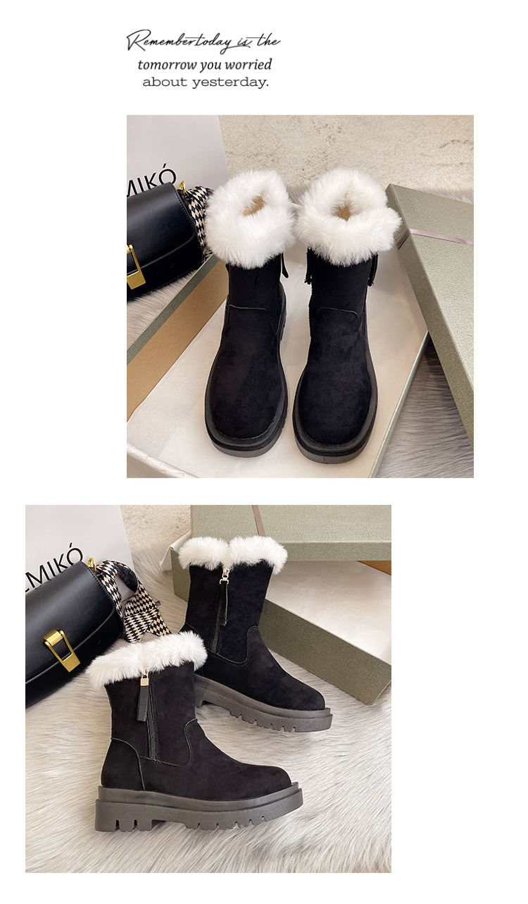 Snow Boots Women's Fur Mouth Mid-Calf 2021 Autumn and Winter New Women's Shoes Korean Style Thick Bottom Fleece-Lined Side Zipper Martin Boots Women's Shoes