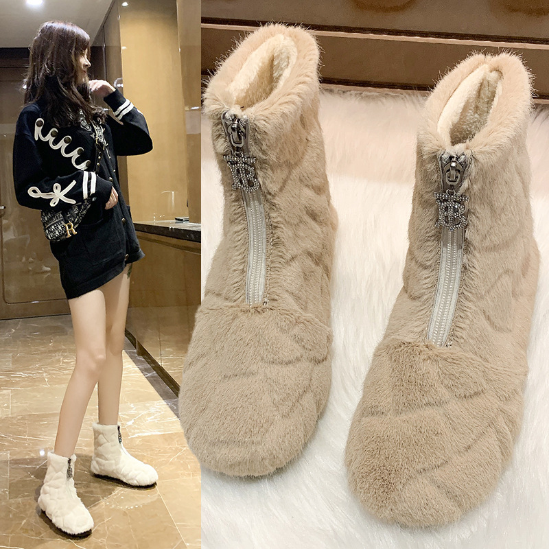 High Cotton-Padded Shoes Women&#039;s 2021 New Autumn and Winter Fashionable Warm Snow Boots Fleece-Lined Dr. Martens Boots Front Zipper Lamb Wool