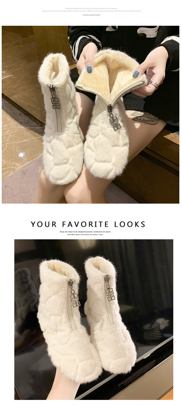 High Cotton-Padded Shoes Women's 2021 New Autumn and Winter Fashionable Warm Snow Boots Fleece-Lined Dr. Martens Boots Front Zipper Lamb Wool
