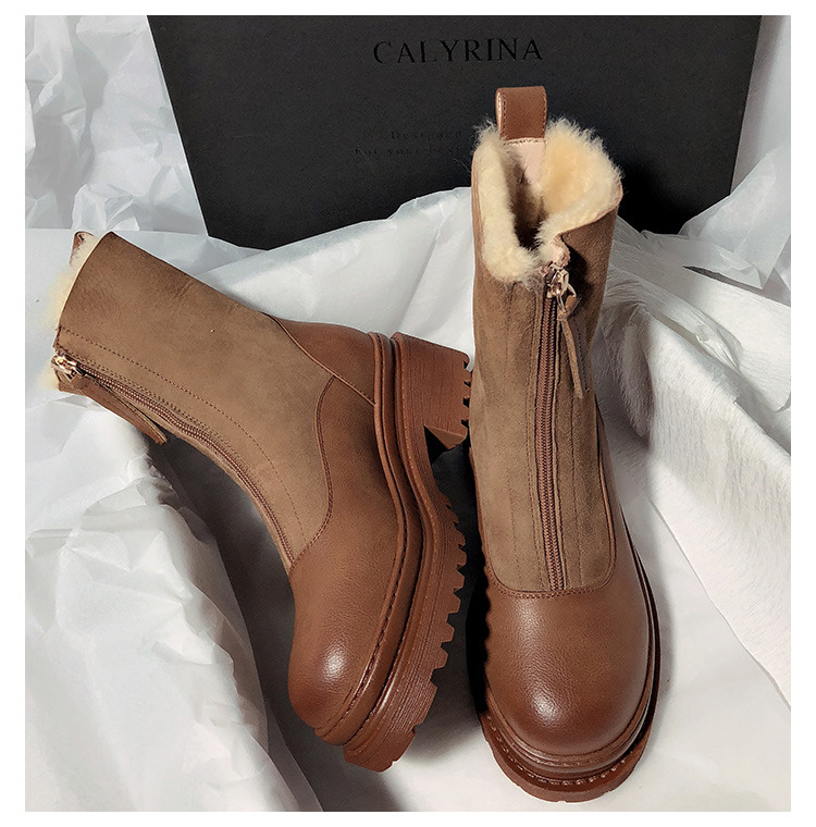 New Matte Leather Thick-Soled Korean-Style Mid-Calf High-Top round Head Ankle Boots Fur Snow Boots for Women