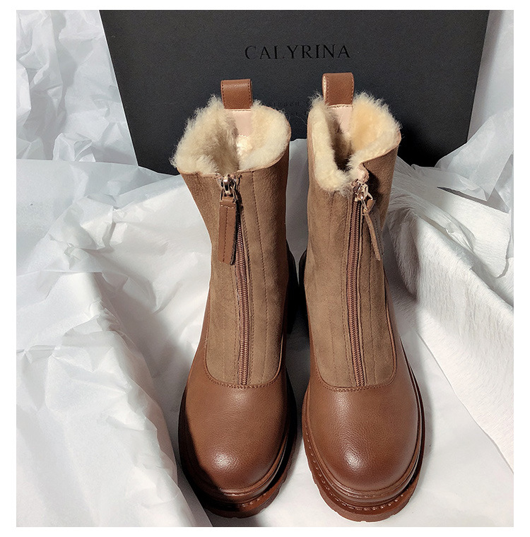 New Matte Leather Thick-Soled Korean-Style Mid-Calf High-Top round Head Ankle Boots Fur Snow Boots for Women