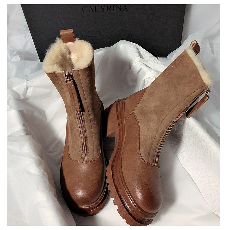 New Matte Leather Thick-Soled Korean-Style Mid-Calf High-Top round Head Ankle Boots Fur Snow Boots for Women