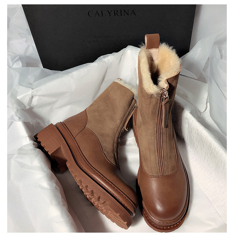 New Matte Leather Thick-Soled Korean-Style Mid-Calf High-Top round Head Ankle Boots Fur Snow Boots for Women