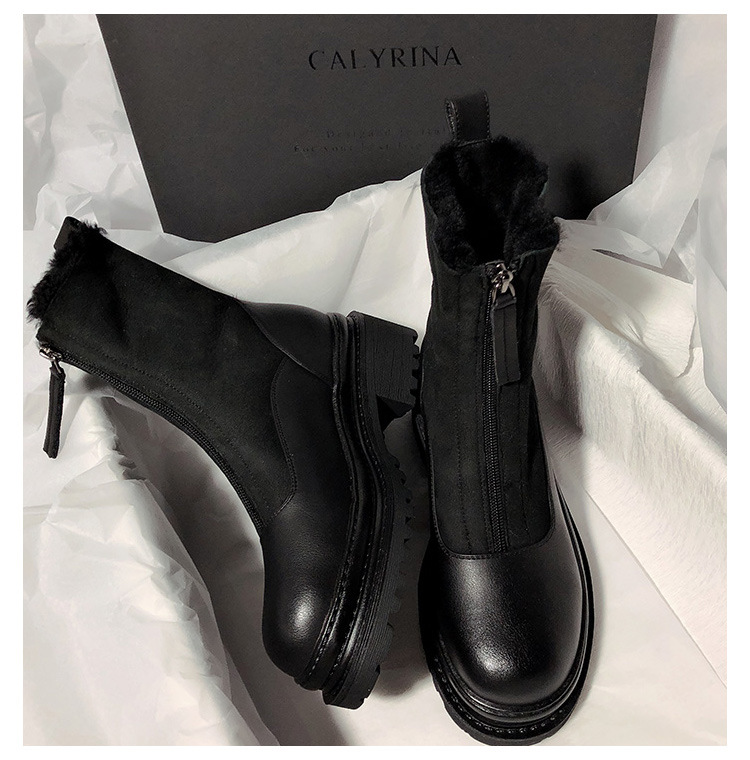 New Matte Leather Thick-Soled Korean-Style Mid-Calf High-Top round Head Ankle Boots Fur Snow Boots for Women