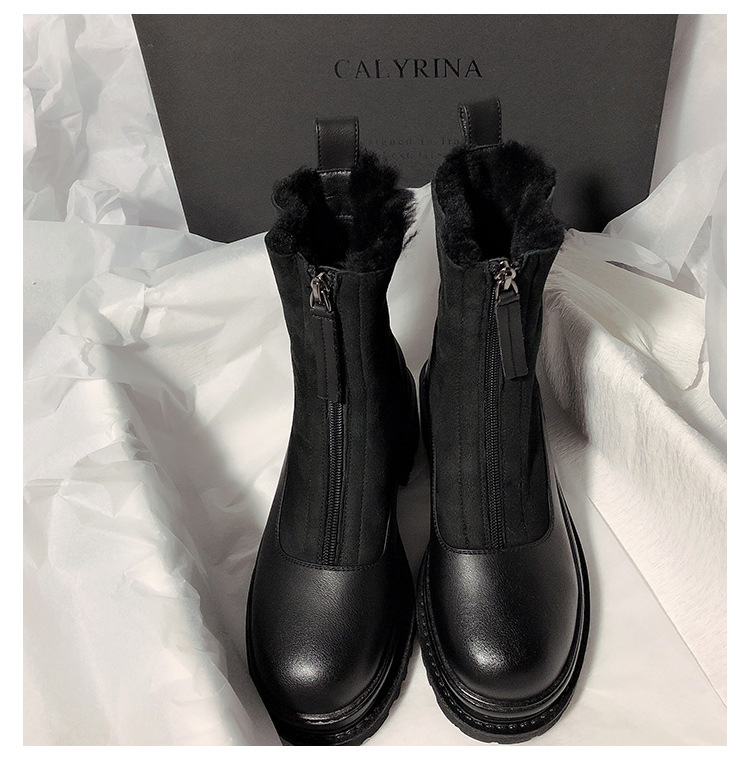 New Matte Leather Thick-Soled Korean-Style Mid-Calf High-Top round Head Ankle Boots Fur Snow Boots for Women