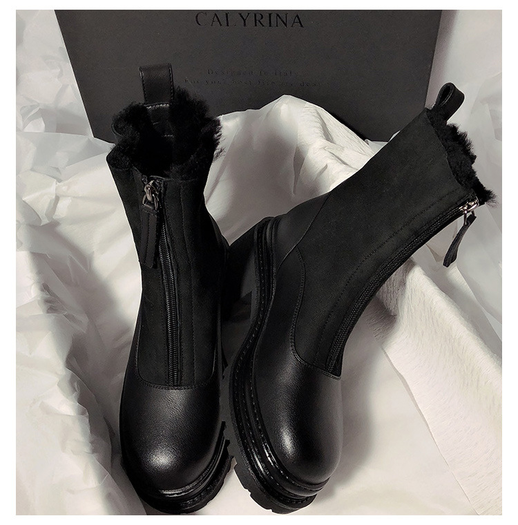 New Matte Leather Thick-Soled Korean-Style Mid-Calf High-Top round Head Ankle Boots Fur Snow Boots for Women