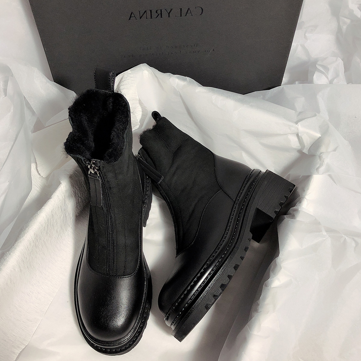 New Matte Leather Thick-Soled Korean-Style Mid-Calf High-Top round Head Ankle Boots Fur Snow Boots for Women