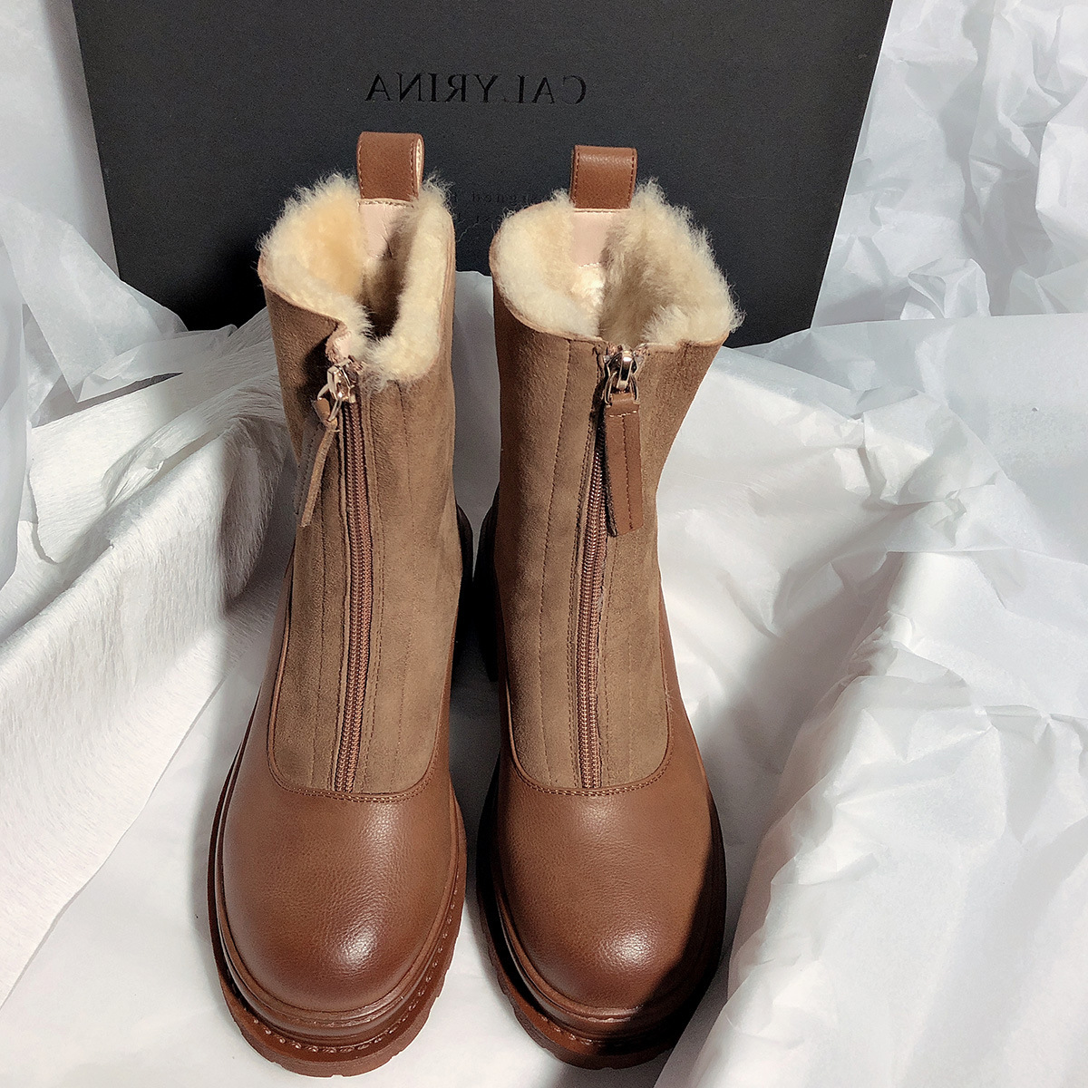 New Matte Leather Thick-Soled Korean-Style Mid-Calf High-Top round Head Ankle Boots Fur Snow Boots for Women