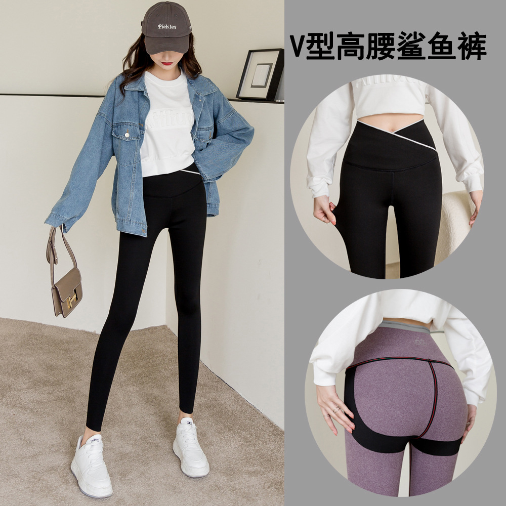 Large Size Cross Waist Leggings Autumn Fleece-Lined Weight Loss Pants Women&#039;s Outer Wear Belly Contracting Hip Lifting Shark Leather Pants Pencil Pants Women