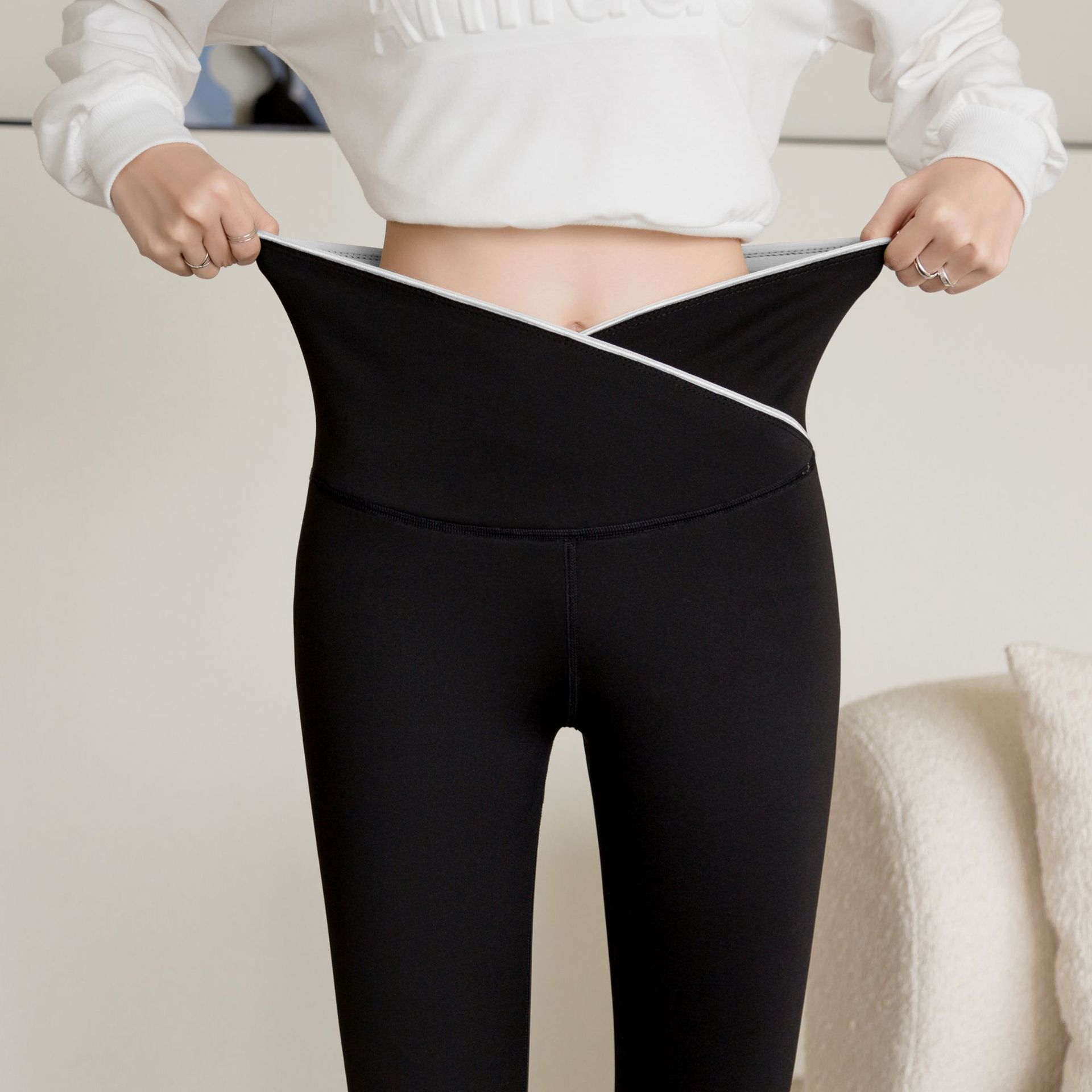 Large Size Cross Waist Leggings Autumn Fleece-Lined Weight Loss Pants Women&#039;s Outer Wear Belly Contracting Hip Lifting Shark Leather Pants Pencil Pants Women