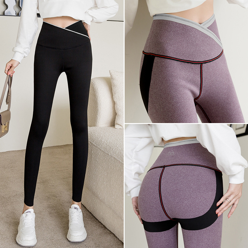 Large Size Cross Waist Leggings Autumn Fleece-Lined Weight Loss Pants Women&#039;s Outer Wear Belly Contracting Hip Lifting Shark Leather Pants Pencil Pants Women
