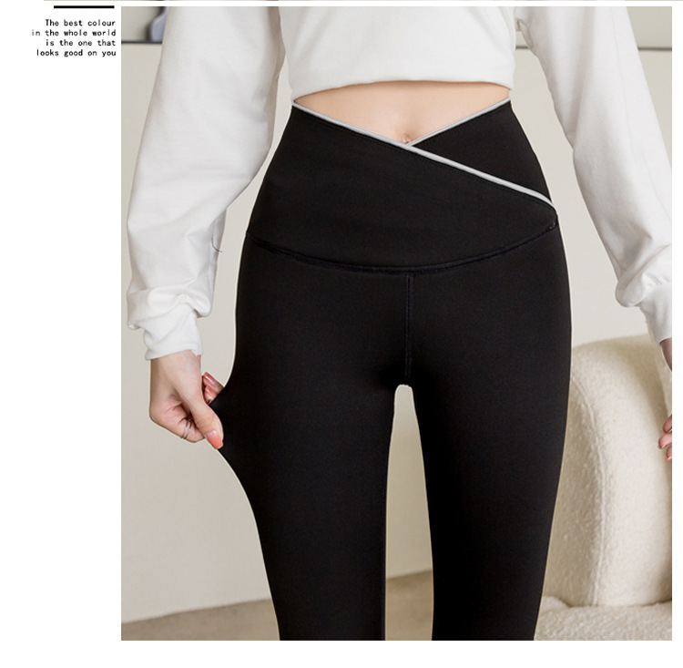 Large Size Cross Waist Leggings Autumn Fleece-Lined Weight Loss Pants Women's Outer Wear Belly Contracting Hip Lifting Shark Leather Pants Pencil Pants Women