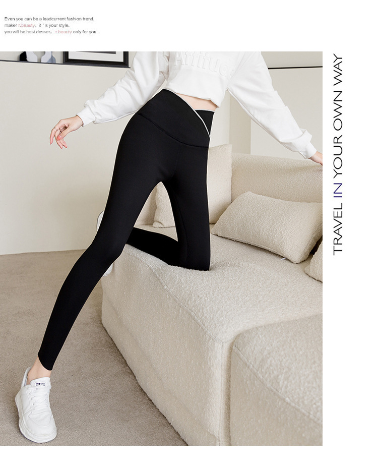 Large Size Cross Waist Leggings Autumn Fleece-Lined Weight Loss Pants Women's Outer Wear Belly Contracting Hip Lifting Shark Leather Pants Pencil Pants Women