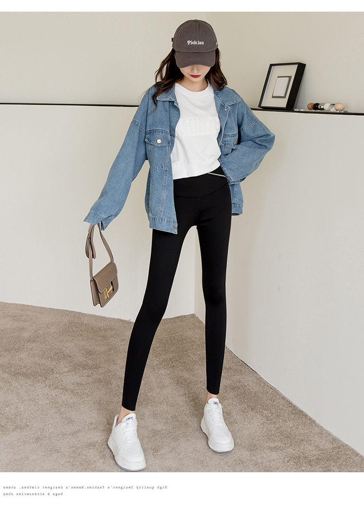 Large Size Cross Waist Leggings Autumn Fleece-Lined Weight Loss Pants Women's Outer Wear Belly Contracting Hip Lifting Shark Leather Pants Pencil Pants Women