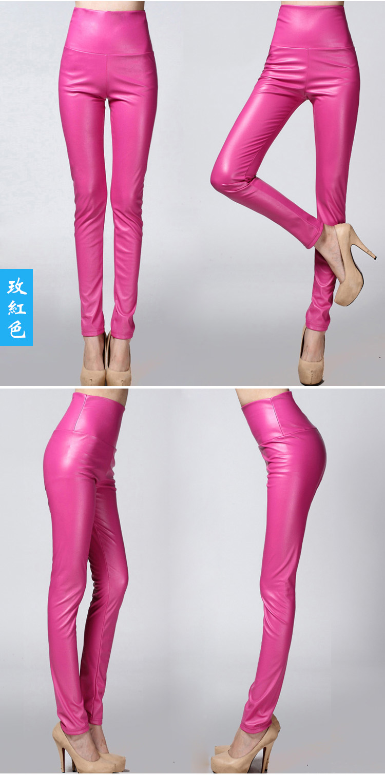 Real Shot Autumn and Winter Foreign Trade Solid Color PU Leather Outer Wear Solid Color High Waist Tight Leather Pants plus Velvet Thick Leggings