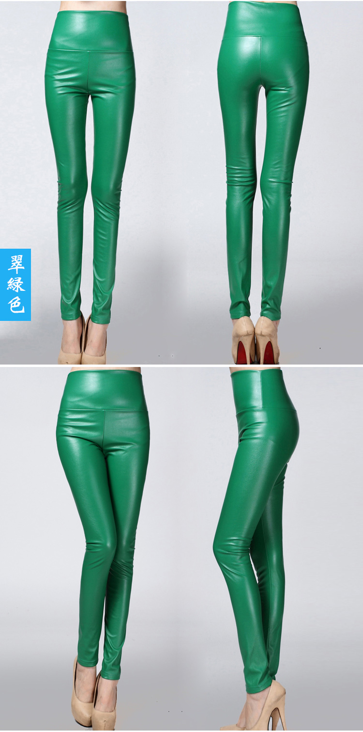 Real Shot Autumn and Winter Foreign Trade Solid Color PU Leather Outer Wear Solid Color High Waist Tight Leather Pants plus Velvet Thick Leggings