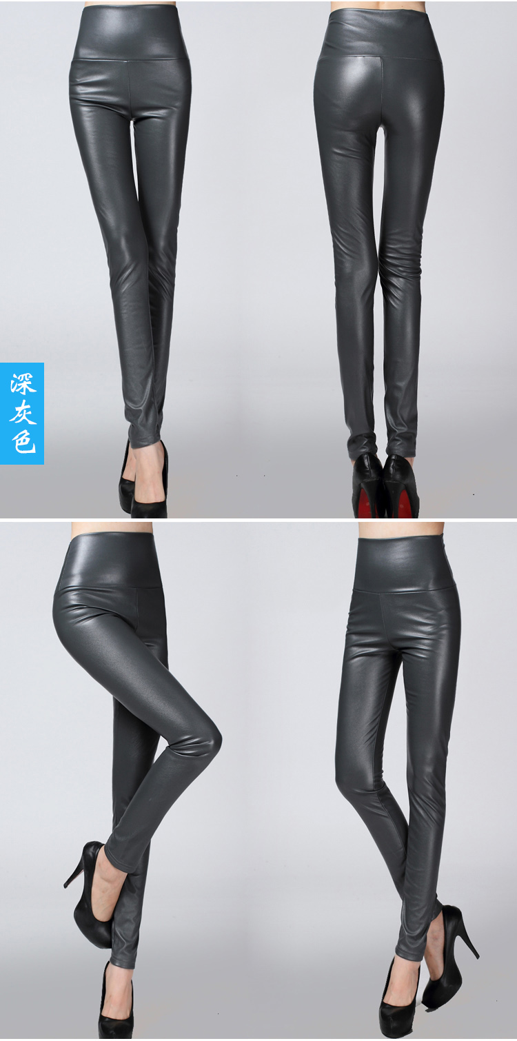 Real Shot Autumn and Winter Foreign Trade Solid Color PU Leather Outer Wear Solid Color High Waist Tight Leather Pants plus Velvet Thick Leggings