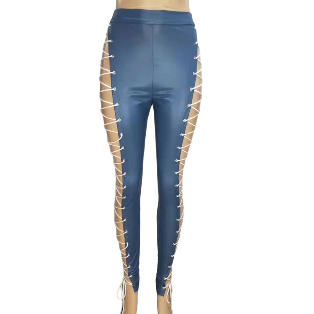 AliExpress Wish Hot Sale Leather Corns High Waist with Straps Sexy Leather Pants Nightclub Pants Trousers
