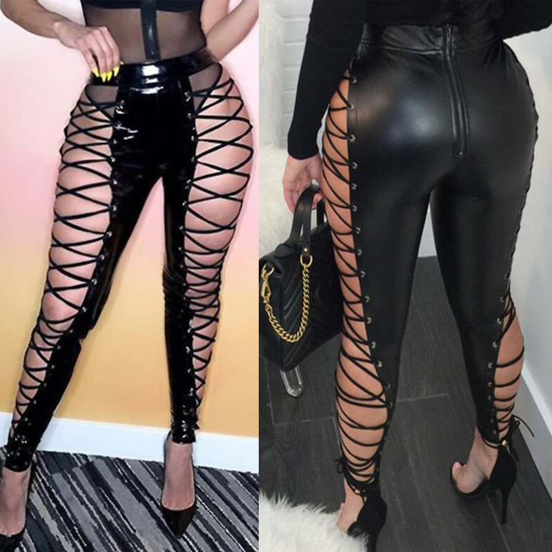 AliExpress Wish Hot Sale Leather Corns High Waist with Straps Sexy Leather Pants Nightclub Pants Trousers
