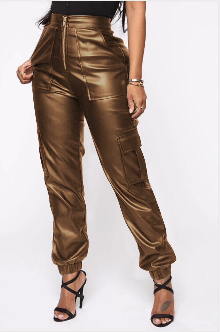 New Autumn and Winter Casual Pants F8257 Spot European and American Amazon Fashion Multiple Pocket Casual Pants Casual Leather Pants
