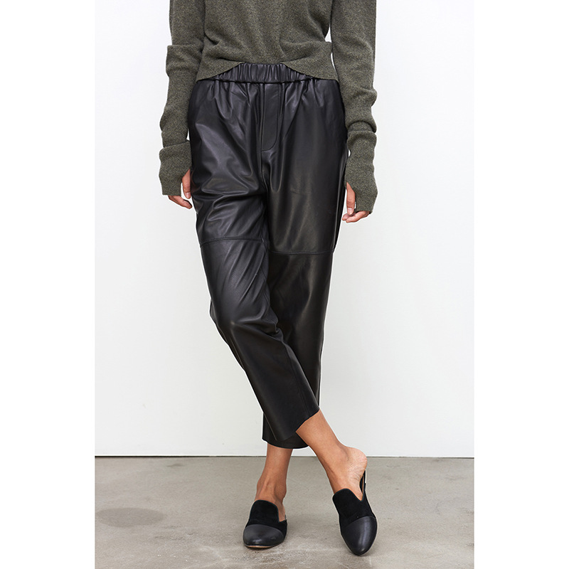 2017 European and American Autumn New Haining Genuine Leather Pants Women&#039;s Mid-Waisted Figure Flattering Sheepskin Harem Pants Cropped Pants