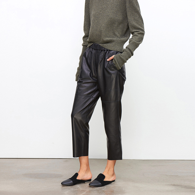 2017 European and American Autumn New Haining Genuine Leather Pants Women&#039;s Mid-Waisted Figure Flattering Sheepskin Harem Pants Cropped Pants