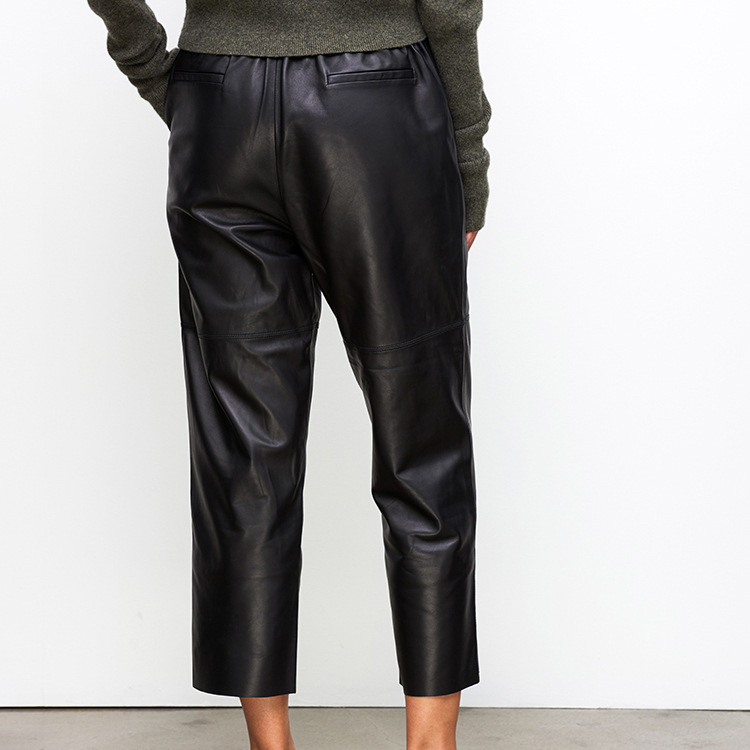 2017 European and American Autumn New Haining Genuine Leather Pants Women&#039;s Mid-Waisted Figure Flattering Sheepskin Harem Pants Cropped Pants