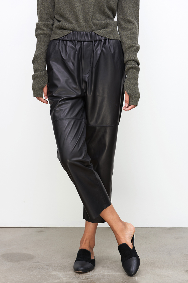 2017 European and American Autumn New Haining Genuine Leather Pants Women's Mid-Waisted Figure Flattering Sheepskin Harem Pants Cropped Pants