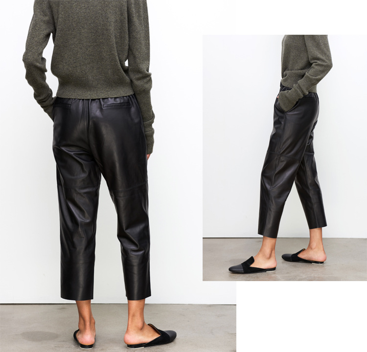 2017 European and American Autumn New Haining Genuine Leather Pants Women's Mid-Waisted Figure Flattering Sheepskin Harem Pants Cropped Pants