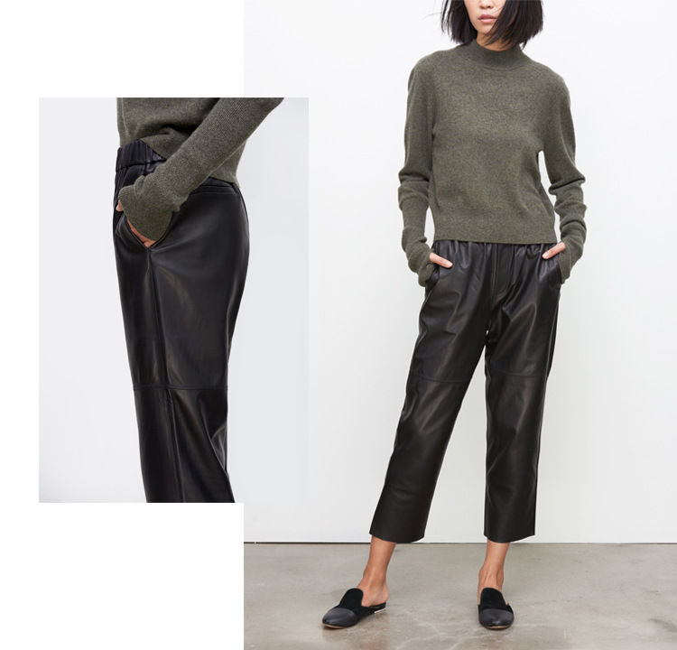 2017 European and American Autumn New Haining Genuine Leather Pants Women's Mid-Waisted Figure Flattering Sheepskin Harem Pants Cropped Pants