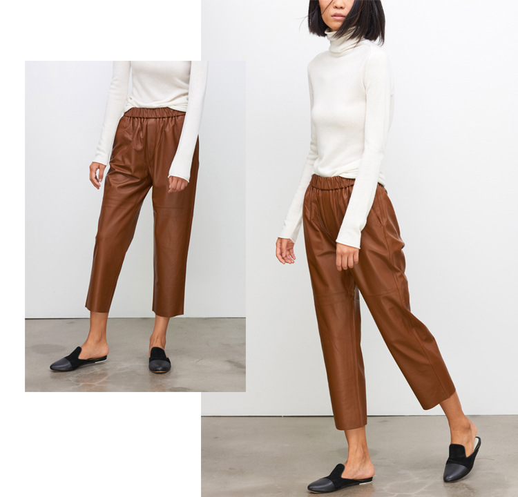 2017 European and American Autumn New Haining Genuine Leather Pants Women's Mid-Waisted Figure Flattering Sheepskin Harem Pants Cropped Pants