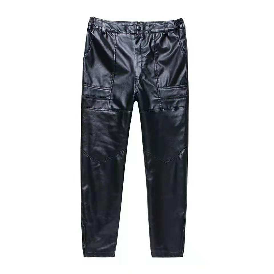 Men&#039;s straight leg leggings knee pads, fleece thickened cold insulation pu leather pants vinegar leather pants