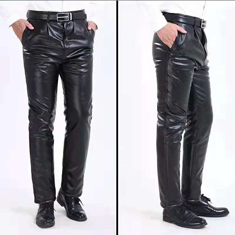 Men&#039;s straight leg leggings knee pads, fleece thickened cold insulation pu leather pants vinegar leather pants