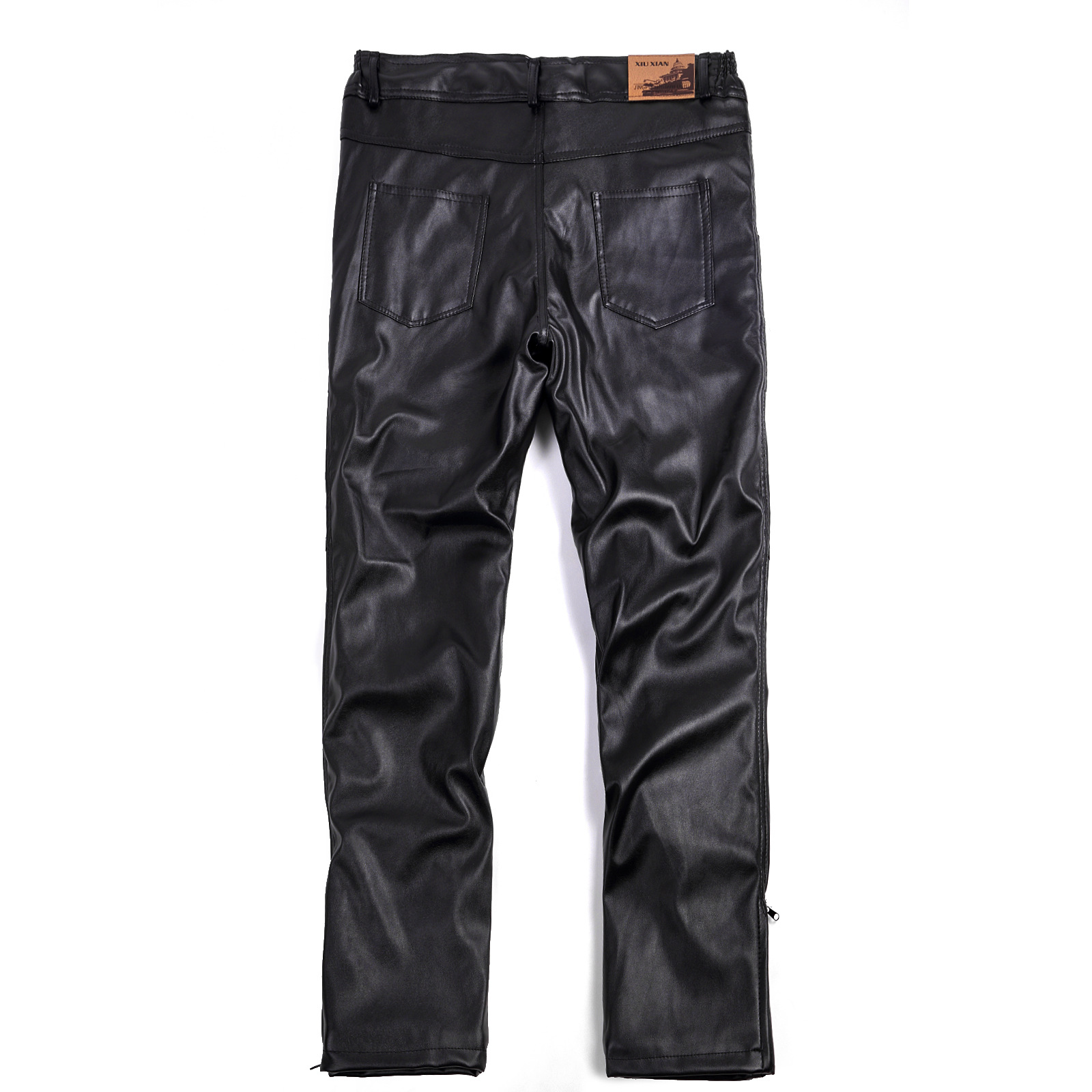 Men's straight leg leggings knee pads, fleece thickened cold insulation pu leather pants vinegar leather pants