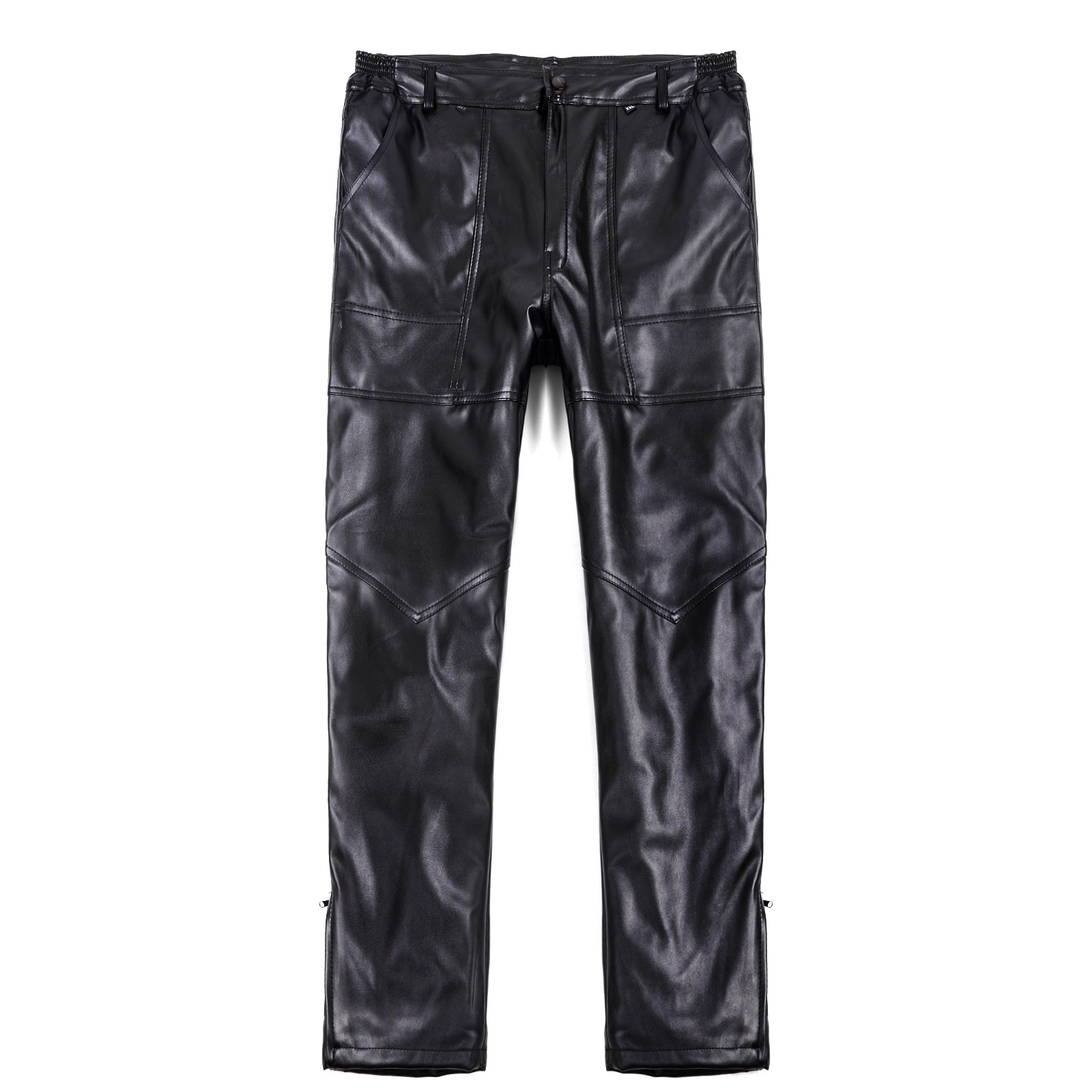 Men's straight leg leggings knee pads, fleece thickened cold insulation pu leather pants vinegar leather pants
