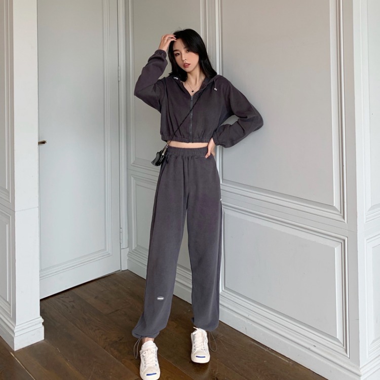 Real Shot Cost-Effective Korean Style Women&#039;s Retro Loose Hooded Sweater Waist-Tight Hoodie + Sports Trousers Casual Suit