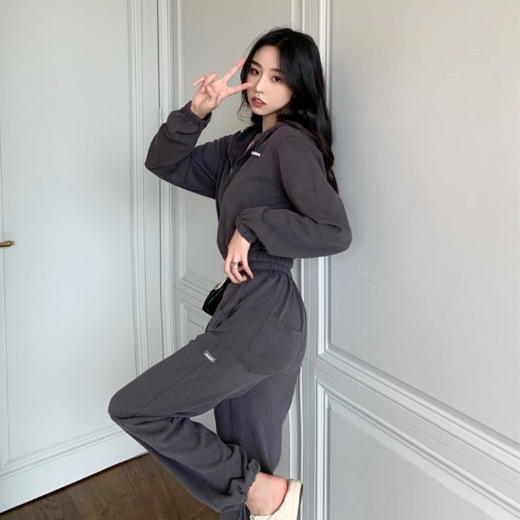 Real Shot Cost-Effective Korean Style Women&#039;s Retro Loose Hooded Sweater Waist-Tight Hoodie + Sports Trousers Casual Suit