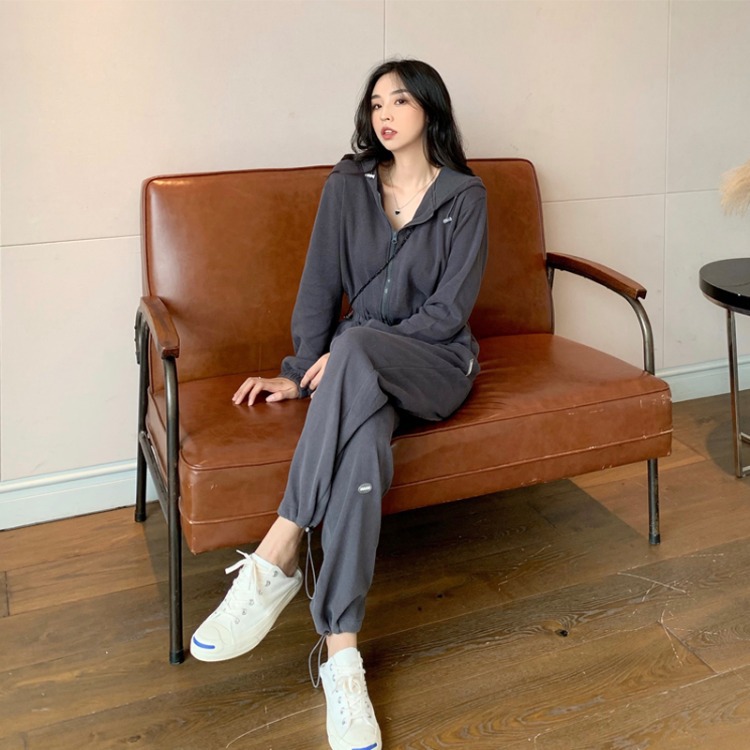 Real Shot Cost-Effective Korean Style Women&#039;s Retro Loose Hooded Sweater Waist-Tight Hoodie + Sports Trousers Casual Suit