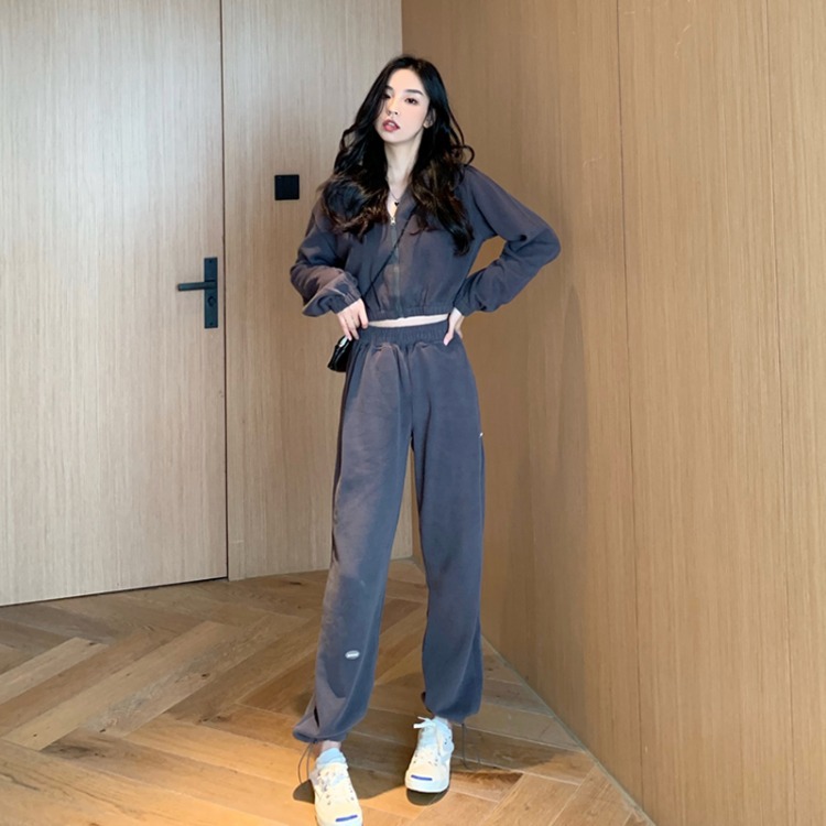 Real Shot Cost-Effective Korean Style Women&#039;s Retro Loose Hooded Sweater Waist-Tight Hoodie + Sports Trousers Casual Suit