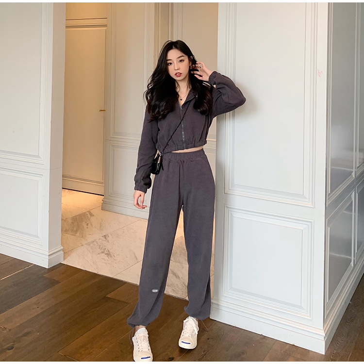 Real Shot Cost-Effective Korean Style Women's Retro Loose Hooded Sweater Waist-Tight Hoodie + Sports Trousers Casual Suit Real Shot Cost-Effective Korean Style Women's Retro Loose Hooded Sweater Waist-Tight Hoodie + Sports Trousers Casual Suit
