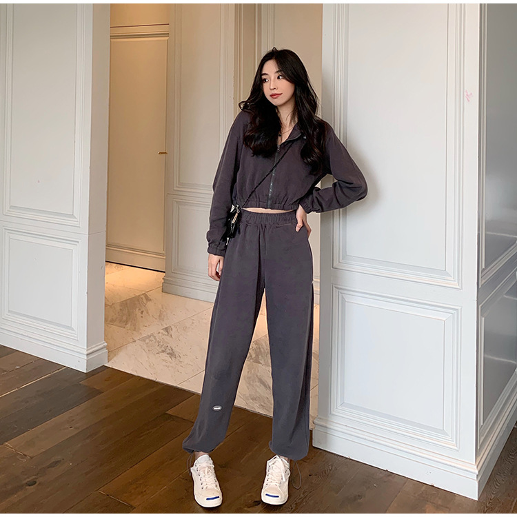 Real Shot Cost-Effective Korean Style Women's Retro Loose Hooded Sweater Waist-Tight Hoodie + Sports Trousers Casual Suit Real Shot Cost-Effective Korean Style Women's Retro Loose Hooded Sweater Waist-Tight Hoodie + Sports Trousers Casual Suit