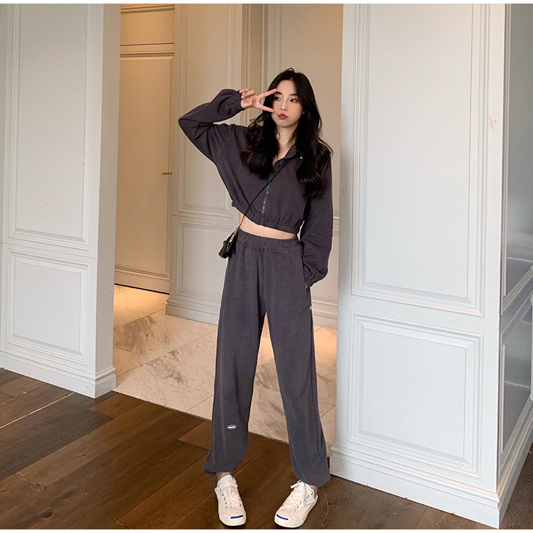 Real Shot Cost-Effective Korean Style Women's Retro Loose Hooded Sweater Waist-Tight Hoodie + Sports Trousers Casual Suit Real Shot Cost-Effective Korean Style Women's Retro Loose Hooded Sweater Waist-Tight Hoodie + Sports Trousers Casual Suit