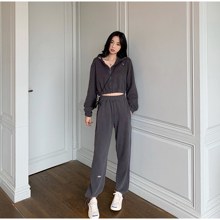 Real Shot Cost-Effective Korean Style Women's Retro Loose Hooded Sweater Waist-Tight Hoodie + Sports Trousers Casual Suit Real Shot Cost-Effective Korean Style Women's Retro Loose Hooded Sweater Waist-Tight Hoodie + Sports Trousers Casual Suit