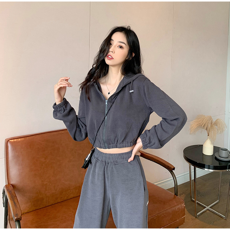 Real Shot Cost-Effective Korean Style Women's Retro Loose Hooded Sweater Waist-Tight Hoodie + Sports Trousers Casual Suit Real Shot Cost-Effective Korean Style Women's Retro Loose Hooded Sweater Waist-Tight Hoodie + Sports Trousers Casual Suit