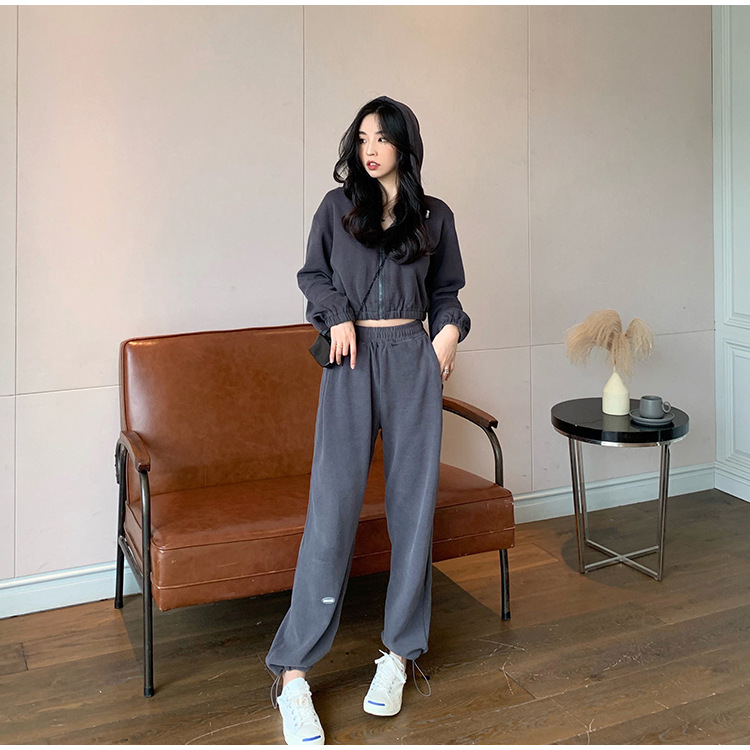 Real Shot Cost-Effective Korean Style Women's Retro Loose Hooded Sweater Waist-Tight Hoodie + Sports Trousers Casual Suit Real Shot Cost-Effective Korean Style Women's Retro Loose Hooded Sweater Waist-Tight Hoodie + Sports Trousers Casual Suit
