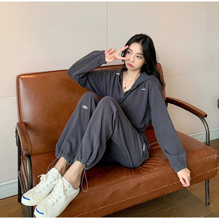 Real Shot Cost-Effective Korean Style Women's Retro Loose Hooded Sweater Waist-Tight Hoodie + Sports Trousers Casual Suit Real Shot Cost-Effective Korean Style Women's Retro Loose Hooded Sweater Waist-Tight Hoodie + Sports Trousers Casual Suit
