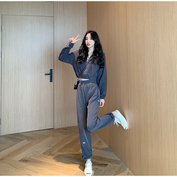 Real Shot Cost-Effective Korean Style Women's Retro Loose Hooded Sweater Waist-Tight Hoodie + Sports Trousers Casual Suit Real Shot Cost-Effective Korean Style Women's Retro Loose Hooded Sweater Waist-Tight Hoodie + Sports Trousers Casual Suit