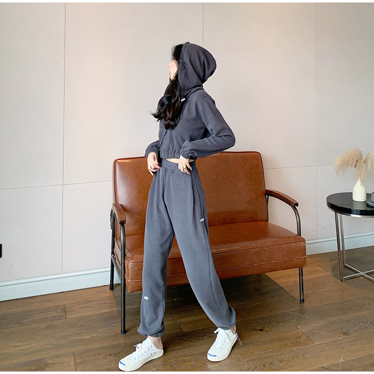 Real Shot Cost-Effective Korean Style Women's Retro Loose Hooded Sweater Waist-Tight Hoodie + Sports Trousers Casual Suit Real Shot Cost-Effective Korean Style Women's Retro Loose Hooded Sweater Waist-Tight Hoodie + Sports Trousers Casual Suit