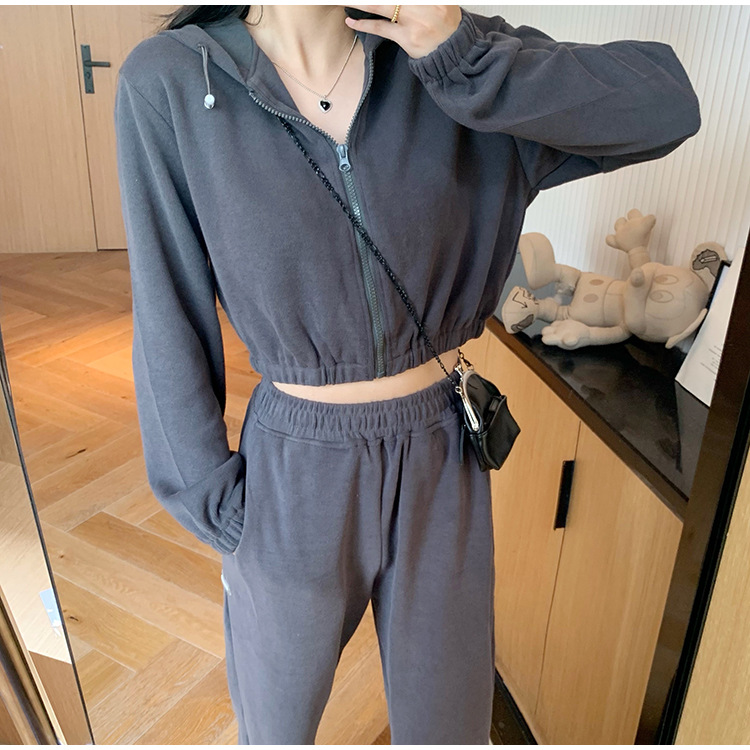 Real Shot Cost-Effective Korean Style Women's Retro Loose Hooded Sweater Waist-Tight Hoodie + Sports Trousers Casual Suit Real Shot Cost-Effective Korean Style Women's Retro Loose Hooded Sweater Waist-Tight Hoodie + Sports Trousers Casual Suit
